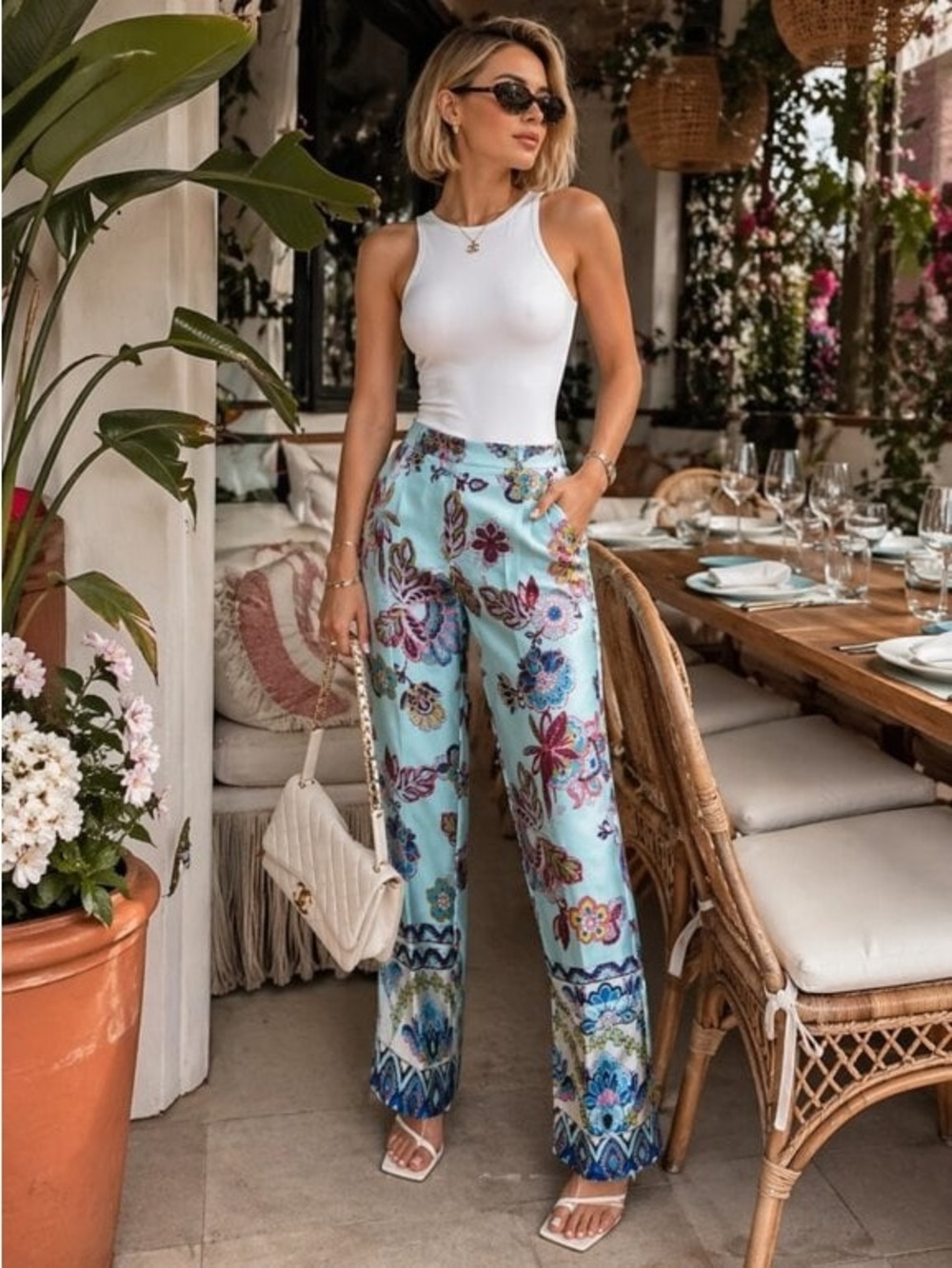 NWT Zara printed blue floral pants with an elastic waistband. Size Small